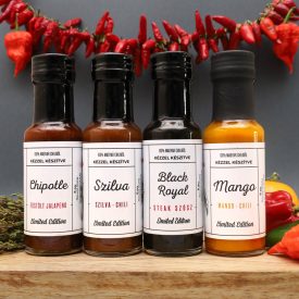 Nagy gourmet ajándékcsomag - Chipotle, Black Royal, Szilva Chutney és Mangó-chili