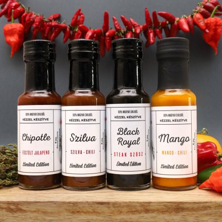 Nagy gourmet ajándékcsomag - Chipotle, Black Royal, Szilva Chutney és Mangó-chili